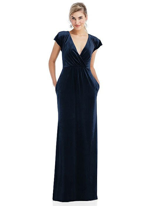 Flutter Sleeve Wrap Bodice Velvet Maxi Dress with Pockets