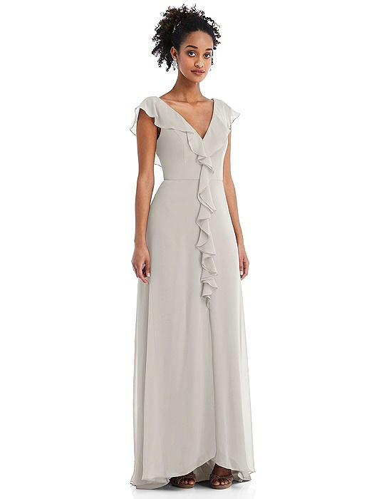 Ruffle-Trimmed V-Back Chiffon Maxi Dress