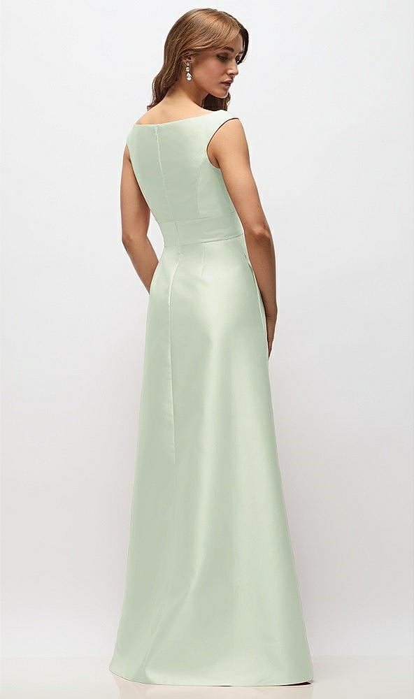 Back View - Mint Green Off-the-Shoulder Draped Wrap Satin Maxi Dress