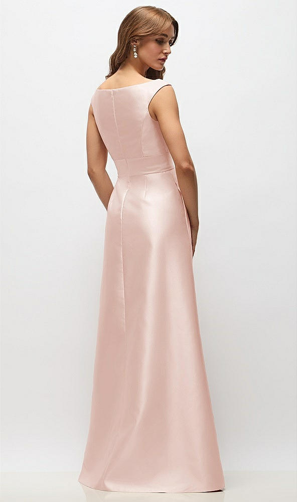 Back View - Blush Off-the-Shoulder Draped Wrap Satin Maxi Dress