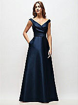Front View Thumbnail - Midnight Navy Off-the-Shoulder Draped Wrap Satin Maxi Dress