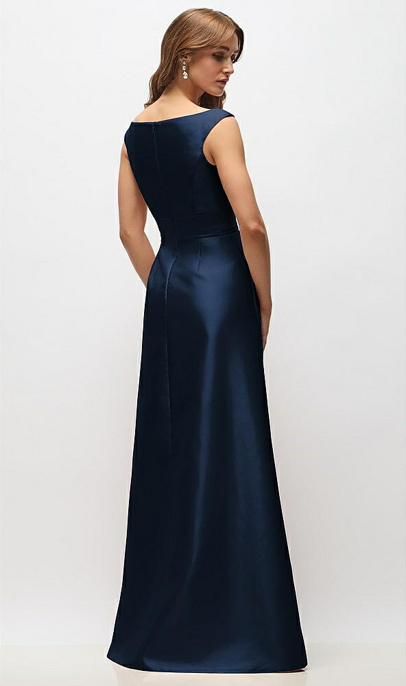 Back View - Midnight Navy Off-the-Shoulder Draped Wrap Satin Maxi Dress