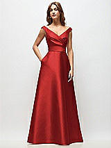 Front View Thumbnail - Poppy Red Off-the-Shoulder Draped Wrap Satin Maxi Dress