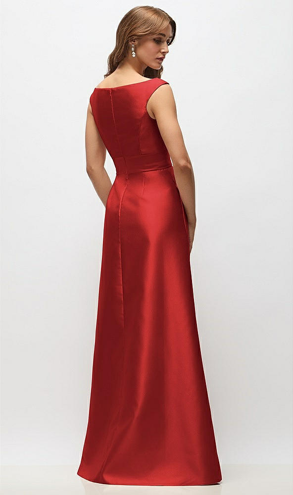 Back View - Poppy Red Off-the-Shoulder Draped Wrap Satin Maxi Dress