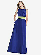Front View Thumbnail - Cobalt Blue & Mojito High-Neck Asymmetrical Shirred Satin Maxi Dress with Pockets