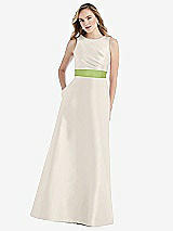 Front View Thumbnail - Ivory & Mojito High-Neck Asymmetrical Shirred Satin Maxi Dress with Pockets