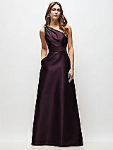 Front View Thumbnail - Deep Plum Draped One-Shoulder Satin Maxi Dress with Pockets