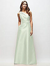 Front View Thumbnail - Mint Green Draped One-Shoulder Satin Maxi Dress with Pockets