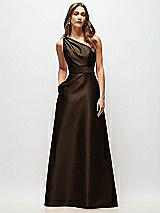Front View Thumbnail - Espresso Draped One-Shoulder Satin Maxi Dress with Pockets