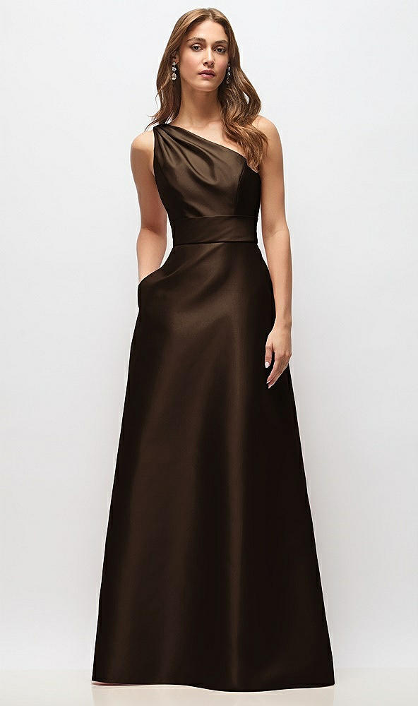 Front View - Espresso Draped One-Shoulder Satin Maxi Dress with Pockets