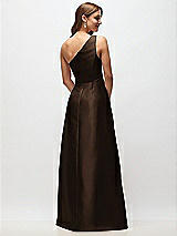 Rear View Thumbnail - Espresso Draped One-Shoulder Satin Maxi Dress with Pockets