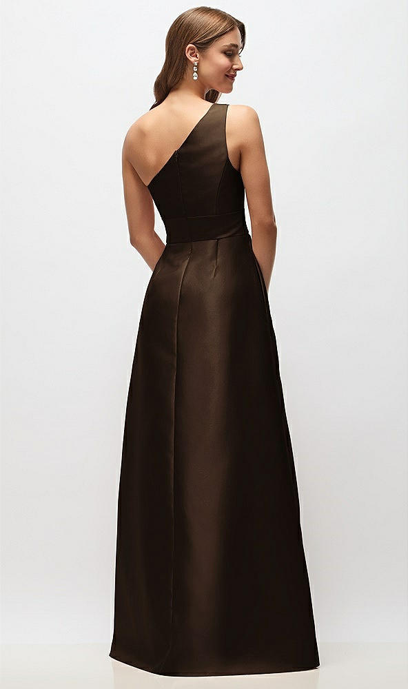 Back View - Espresso Draped One-Shoulder Satin Maxi Dress with Pockets