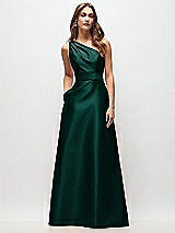 Front View Thumbnail - Evergreen Draped One-Shoulder Satin Maxi Dress with Pockets