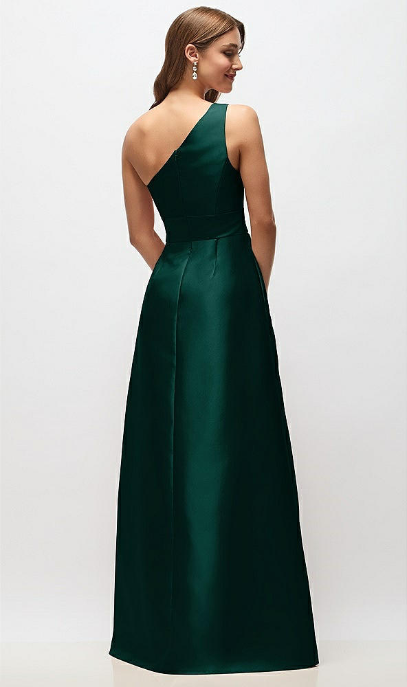 Back View - Evergreen Draped One-Shoulder Satin Maxi Dress with Pockets