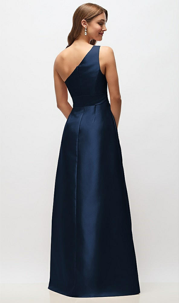 Back View - Midnight Navy Draped One-Shoulder Satin Maxi Dress with Pockets
