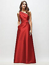 Front View Thumbnail - Poppy Red Draped One-Shoulder Satin Maxi Dress with Pockets