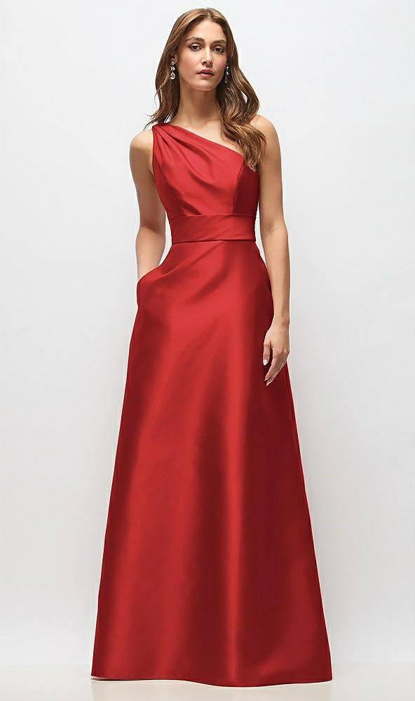 Front View - Poppy Red Draped One-Shoulder Satin Maxi Dress with Pockets