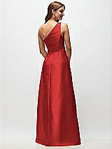 Rear View Thumbnail - Poppy Red Draped One-Shoulder Satin Maxi Dress with Pockets