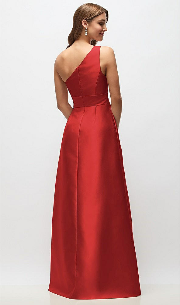Back View - Poppy Red Draped One-Shoulder Satin Maxi Dress with Pockets