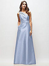 Front View Thumbnail - Sky Blue Draped One-Shoulder Satin Maxi Dress with Pockets