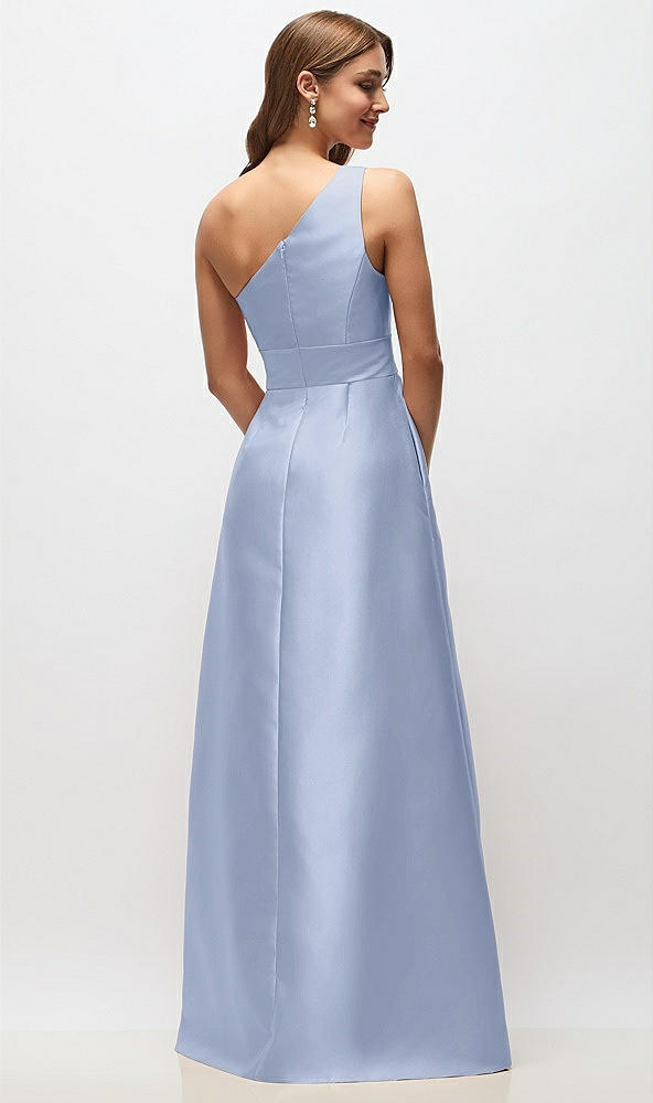 Back View - Sky Blue Draped One-Shoulder Satin Maxi Dress with Pockets