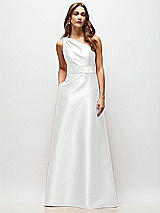 Front View Thumbnail - White Draped One-Shoulder Satin Maxi Dress with Pockets