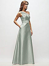 Side View Thumbnail - Willow Green Draped One-Shoulder Satin Maxi Dress with Pockets