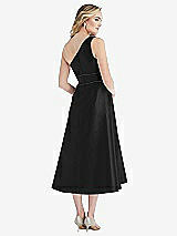 Rear View Thumbnail - Black & Black Draped One-Shoulder Satin Midi Dress with Pockets