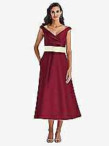 Front View Thumbnail - Burgundy & Butter Yellow Off-the-Shoulder Draped Wrap Satin Midi Dress with Pockets