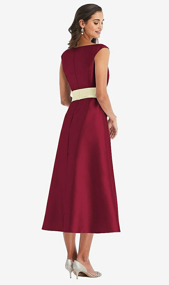Back View - Burgundy & Butter Yellow Off-the-Shoulder Draped Wrap Satin Midi Dress with Pockets