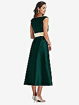 Rear View Thumbnail - Evergreen & Butter Yellow Off-the-Shoulder Draped Wrap Satin Midi Dress with Pockets