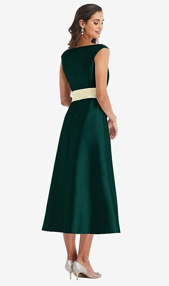 Back View - Evergreen & Butter Yellow Off-the-Shoulder Draped Wrap Satin Midi Dress with Pockets