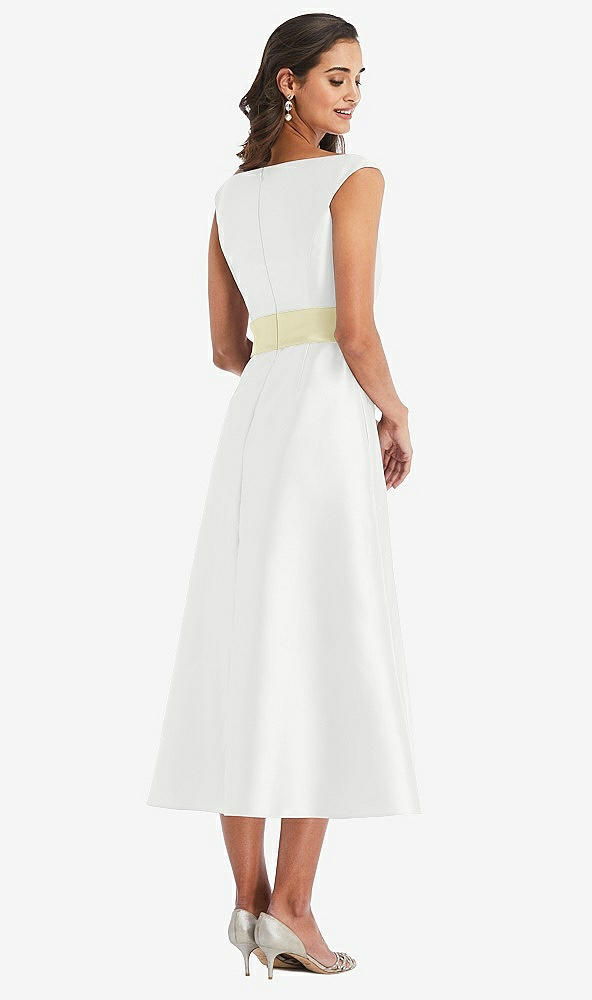 Back View - White & Butter Yellow Off-the-Shoulder Draped Wrap Satin Midi Dress with Pockets
