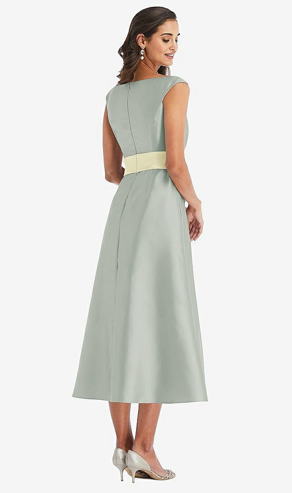 Back View - Willow Green & Butter Yellow Off-the-Shoulder Draped Wrap Satin Midi Dress with Pockets