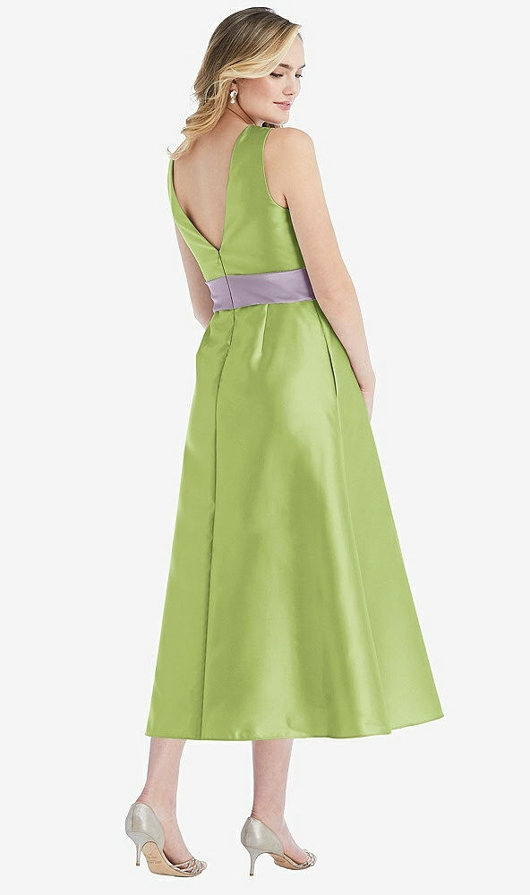 Back View - Mojito & Lilac Haze High-Neck Asymmetrical Shirred Satin Midi Dress with Pockets