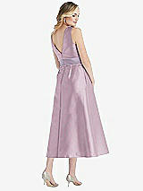 Rear View Thumbnail - Suede Rose & Lilac Haze High-Neck Asymmetrical Shirred Satin Midi Dress with Pockets