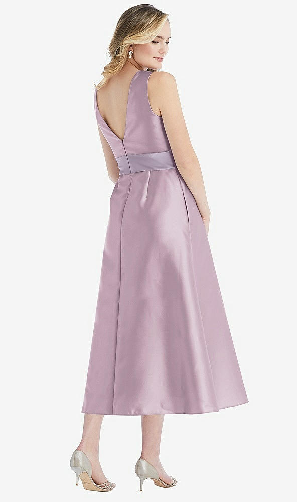 Back View - Suede Rose & Lilac Haze High-Neck Asymmetrical Shirred Satin Midi Dress with Pockets