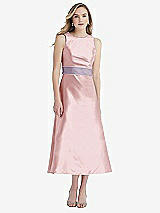 Front View Thumbnail - Ballet Pink & Lilac Haze High-Neck Asymmetrical Shirred Satin Midi Dress with Pockets