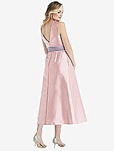 Rear View Thumbnail - Ballet Pink & Lilac Haze High-Neck Asymmetrical Shirred Satin Midi Dress with Pockets