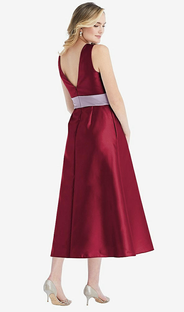 Back View - Burgundy & Lilac Haze High-Neck Asymmetrical Shirred Satin Midi Dress with Pockets