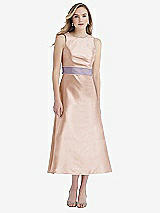 Front View Thumbnail - Cameo & Lilac Haze High-Neck Asymmetrical Shirred Satin Midi Dress with Pockets