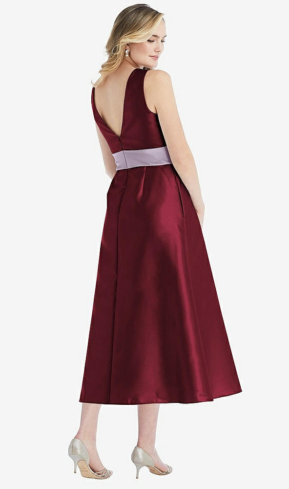 Back View - Cabernet & Lilac Haze High-Neck Asymmetrical Shirred Satin Midi Dress with Pockets