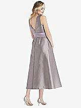 Rear View Thumbnail - Cashmere Gray & Lilac Haze High-Neck Asymmetrical Shirred Satin Midi Dress with Pockets