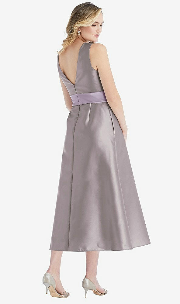 Back View - Cashmere Gray & Lilac Haze High-Neck Asymmetrical Shirred Satin Midi Dress with Pockets