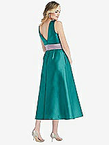 Rear View Thumbnail - Jade & Lilac Haze High-Neck Asymmetrical Shirred Satin Midi Dress with Pockets