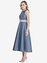 Side View Thumbnail - Larkspur Blue & Lilac Haze High-Neck Asymmetrical Shirred Satin Midi Dress with Pockets