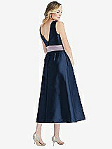 Rear View Thumbnail - Midnight Navy & Lilac Haze High-Neck Asymmetrical Shirred Satin Midi Dress with Pockets