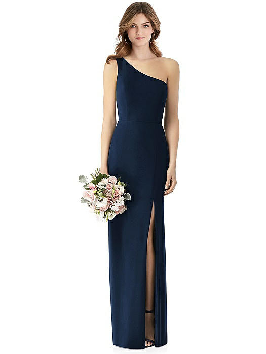 One-Shoulder Crepe Trumpet Gown with Front Slit