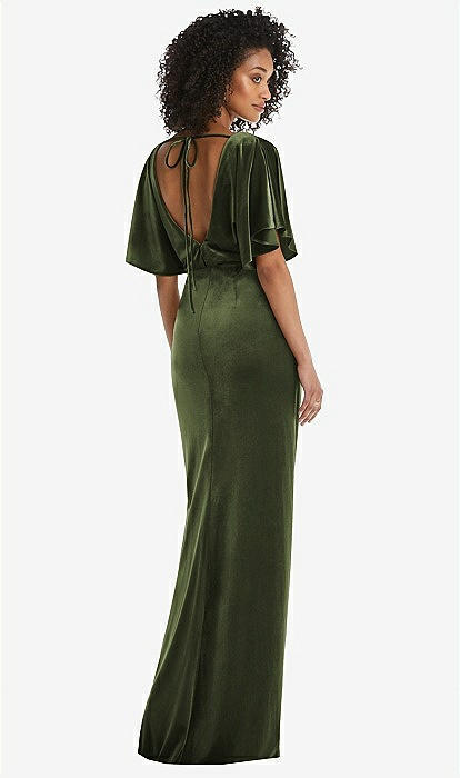 Flutter Sleeve Open-back Velvet Maxi Bridesmaid Dress With Draped Wrap  Skirt In Olive Green | The Dessy Group