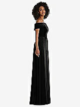 Side View Thumbnail - Black Draped Cuff Off-the-Shoulder Velvet Maxi Dress with Pockets
